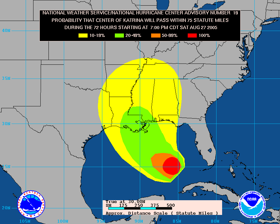A computer model from the National Hurricane Center that predicted the ground track for hurricane Katrina less than two days from landfall. These models provide advance warning for areas potentially in the path of a hurricane. Credit: NOAA 2005